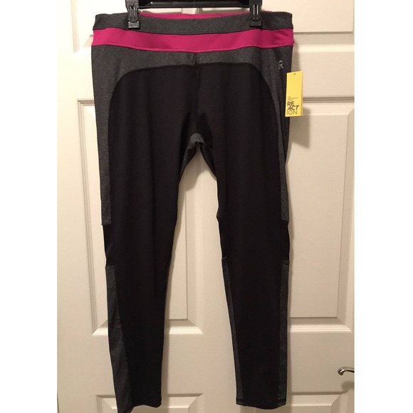 Kenneth Cole Reaction Athletic Leggings, XL, Black Gray Fuchsia, Moisture Wick - Picture 1 of 16